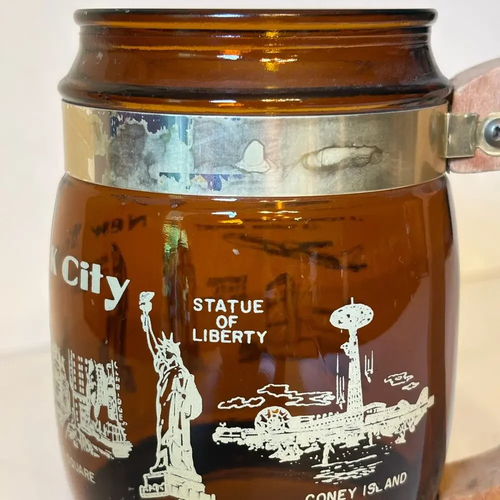 Vintage New York City NYC Souvenir Brown Glass Barrel Mug Wood Handle